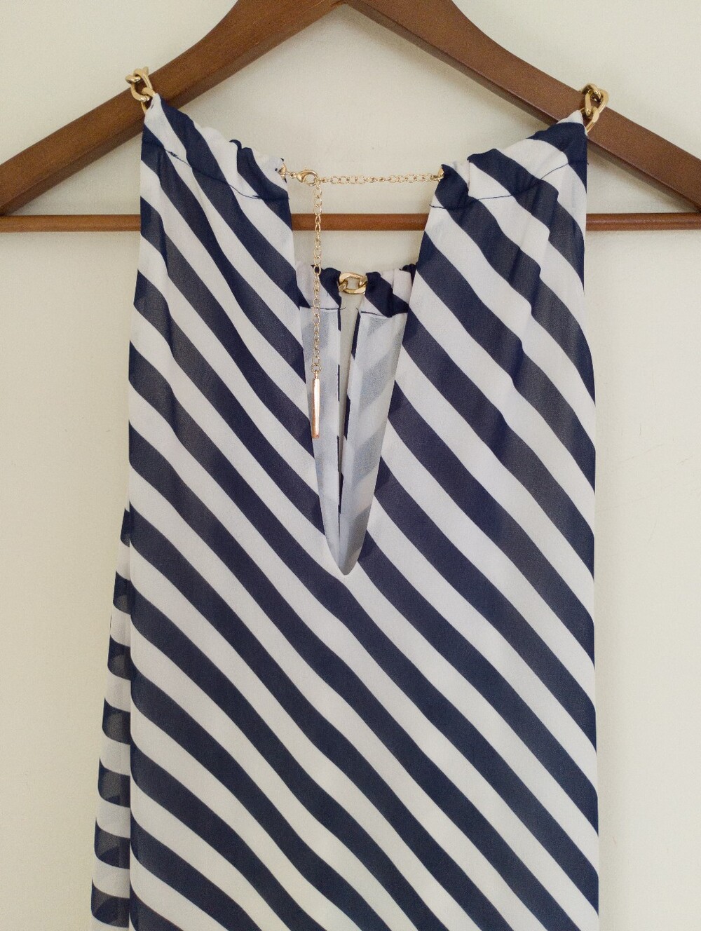 Michael Kors Blue White Diagonal Stripe Chain Halter Dress Size Large Nautical - Picture 9 of 9